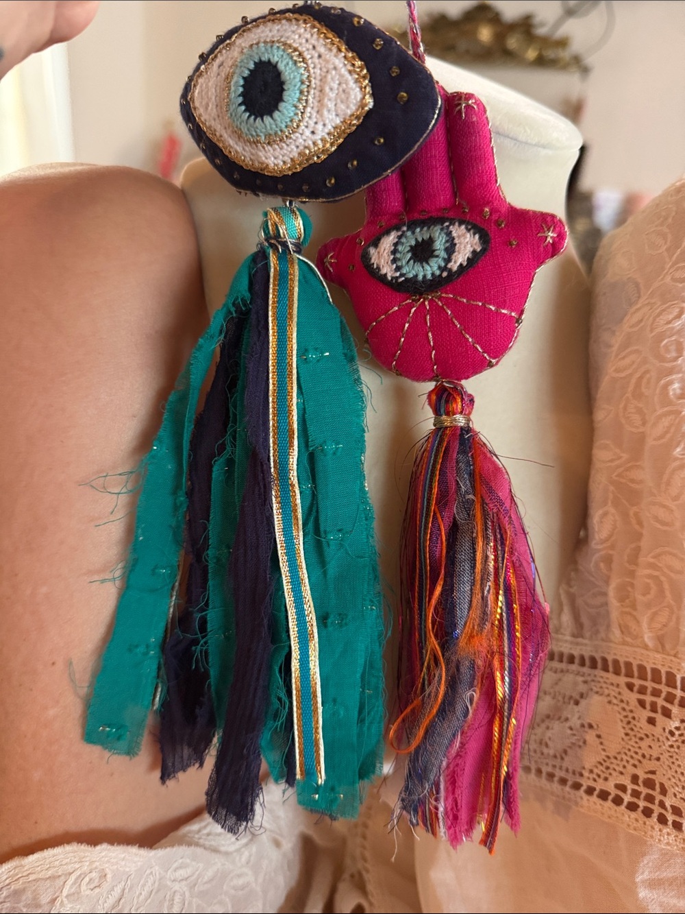 Handmade Eye & Hamsa Tassel holiday festival ornaments set - Pink and Teal